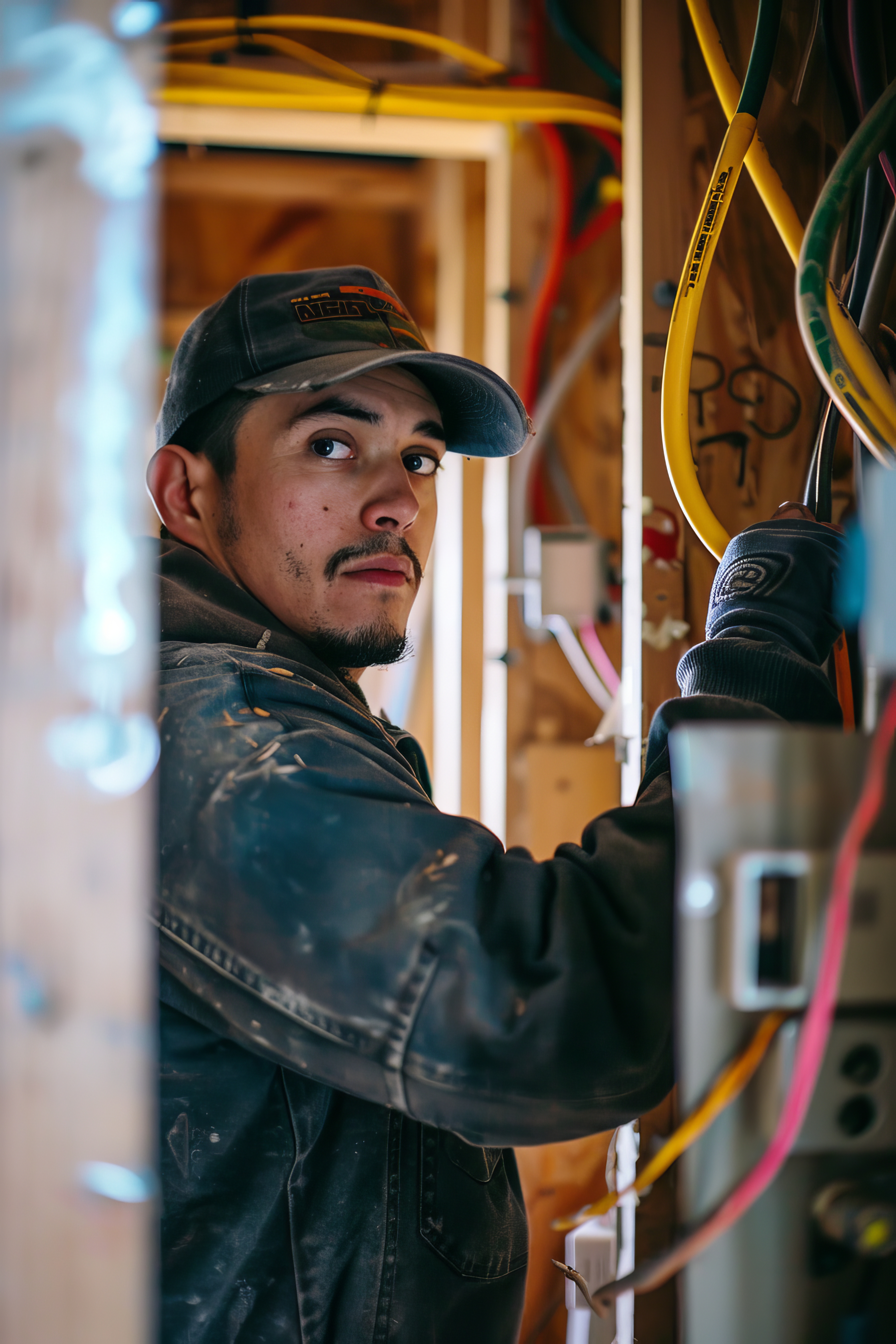Frustrated residential electrician juggling work and online marketing